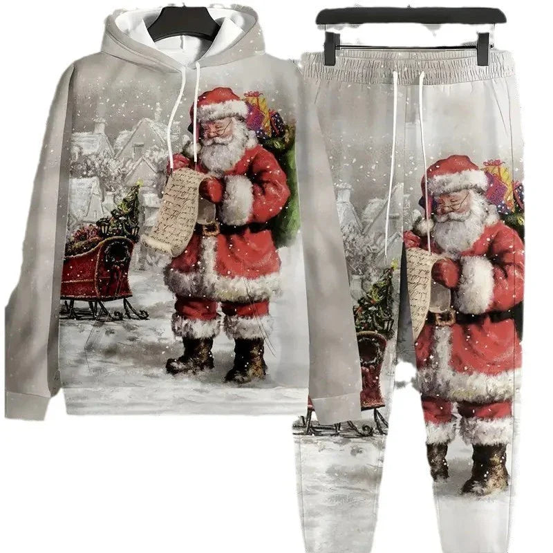 Festive streetwear set with Santa Claus print, red hoodie and joggers, relaxed fit, winter design