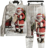 Festive streetwear set with Santa Claus print, red hoodie and joggers, relaxed fit, winter design