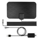 Flat black digital TV antenna with geometric pattern, coaxial cable and USB power adapter