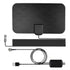 Flat black digital TV antenna with geometric pattern, coaxial cable and USB power adapter