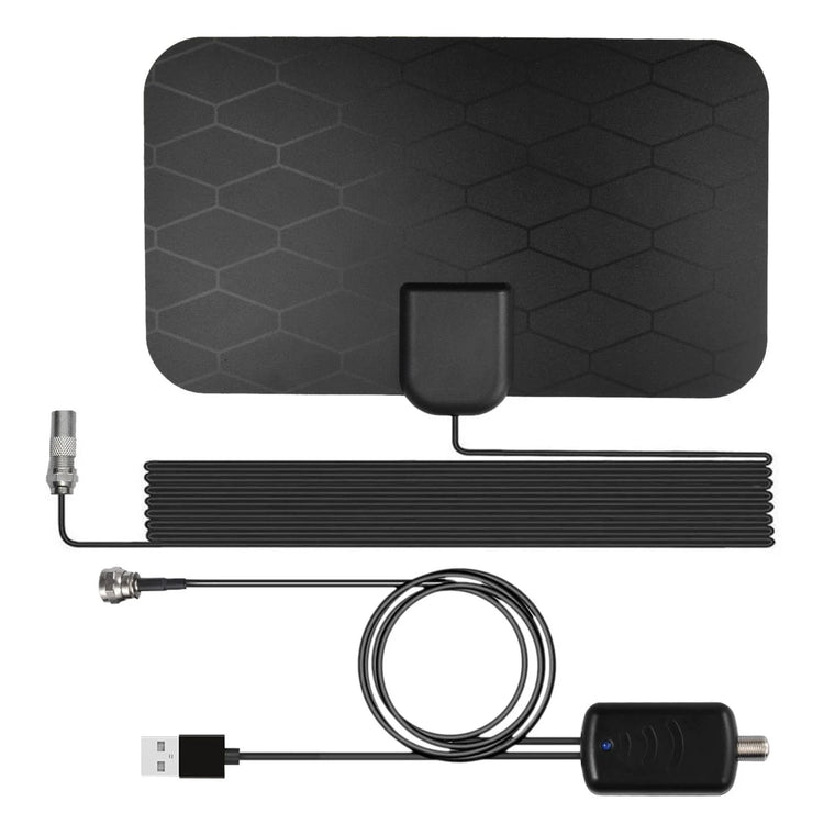 Flat black digital TV antenna with geometric pattern, coaxial cable and USB power adapter