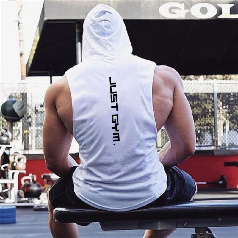 White sleeveless gym hoodie with bold text, muscle fit, lightweight athletic streetwear