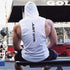 Sleeveless white gym hoodie with bold black text, relaxed fit, athletic workout wear