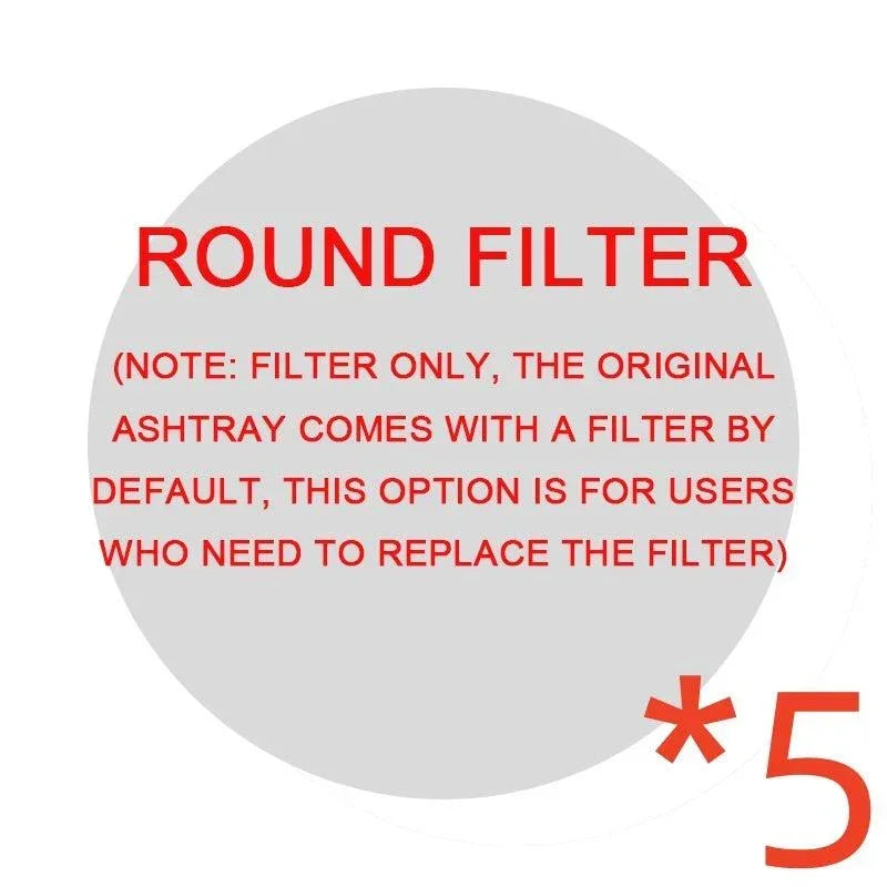 Round replacement filter for ashtray, pack of 5, shown on a grey background with red text.