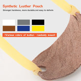 Close-up of brown synthetic leather pouch with yellow straps, available in multiple colors.