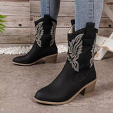 Black mid-calf cowboy boots with embroidered design, chunky heel, styled with skinny jeans