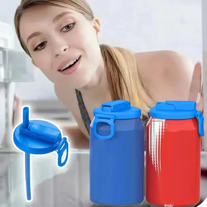 Woman in sportswear with blue and red water bottles featuring flip-top lids and straws