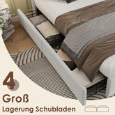 Modern bedroom with large fabric under bed storage drawers, brown bedding, and cozy decor
