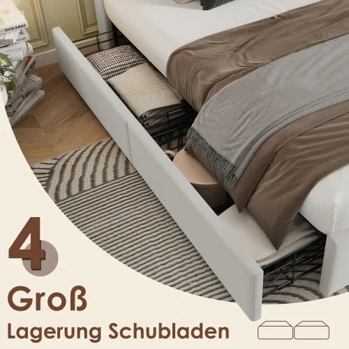 Modern bedroom with large fabric under bed storage drawers, brown bedding, and cozy decor