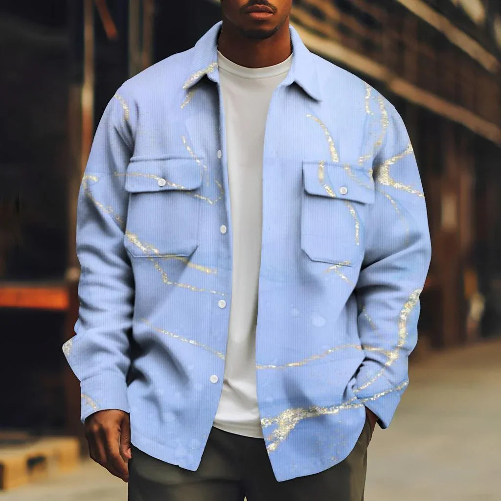 Light blue oversized streetwear jacket with marble print and large chest pockets, relaxed fit.