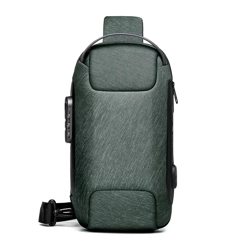 Modern green crossbody sling bag with textured fabric, minimalist design, and secure zipper closure.