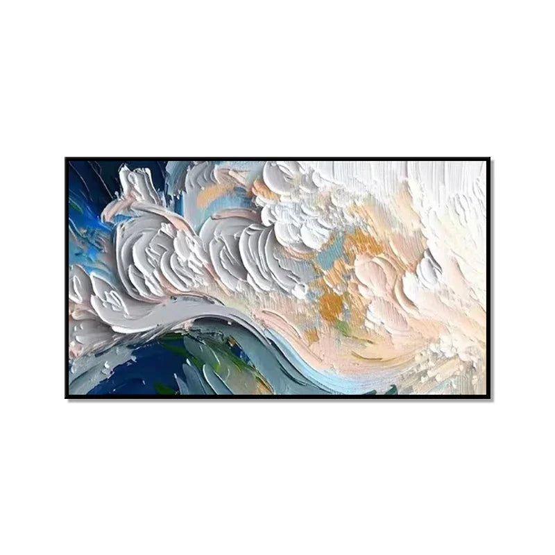 Abstract painting with textured brushstrokes in white, blue, gold, and peach tones