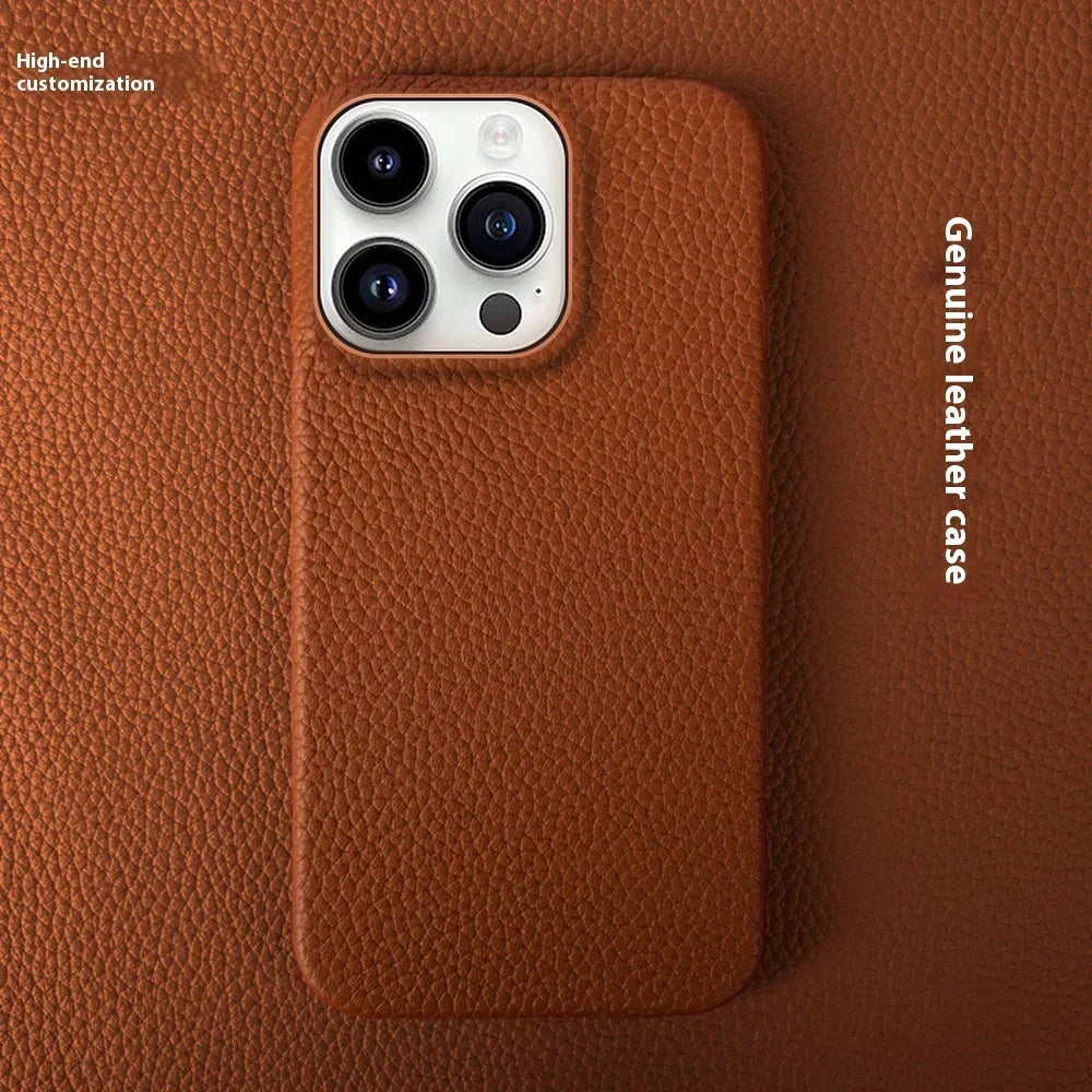 Brown genuine leather phone case with textured finish, snug fit for smartphone
