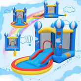 Blue and yellow inflatable bounce house with slide, mesh sides, balloon and cloud prints, and attached pool