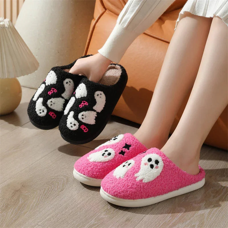 Cozy fleece slippers in pink and black with cute ghost pattern, plush indoor footwear