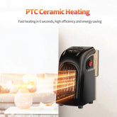 Compact black ceramic plug-in heater emitting warm air, efficient home heating accessory