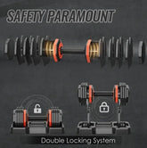 Adjustable black and red dumbbells with double locking system, secure weight plates, modern fitness gear.