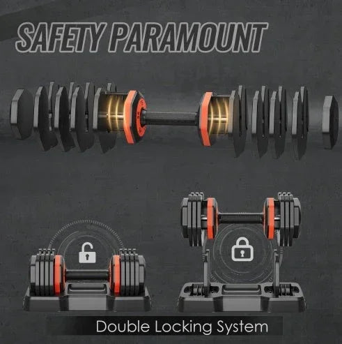 Adjustable black and red dumbbells with double locking system, secure weight plates, modern fitness gear.