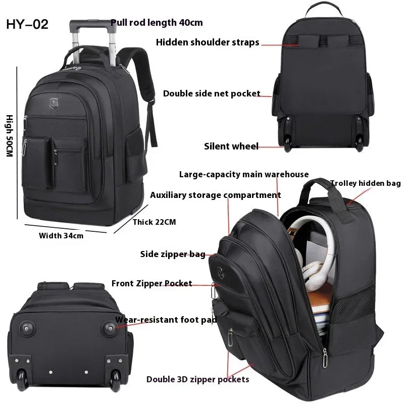 Black rolling backpack with hidden shoulder straps, multiple zippered compartments, side net pockets, and telescopic handle.