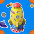 Colorful toy rocket with cartoon space stickers and red top, set against a bright blue background