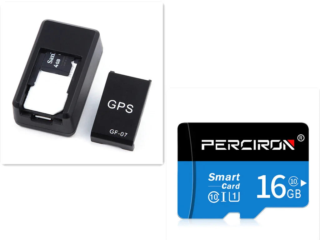 Black GPS tracker and memory cards including a blue 16GB microSD card, compact tech accessory