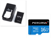 Black GPS tracker and memory cards including a blue 16GB microSD card, compact tech accessory