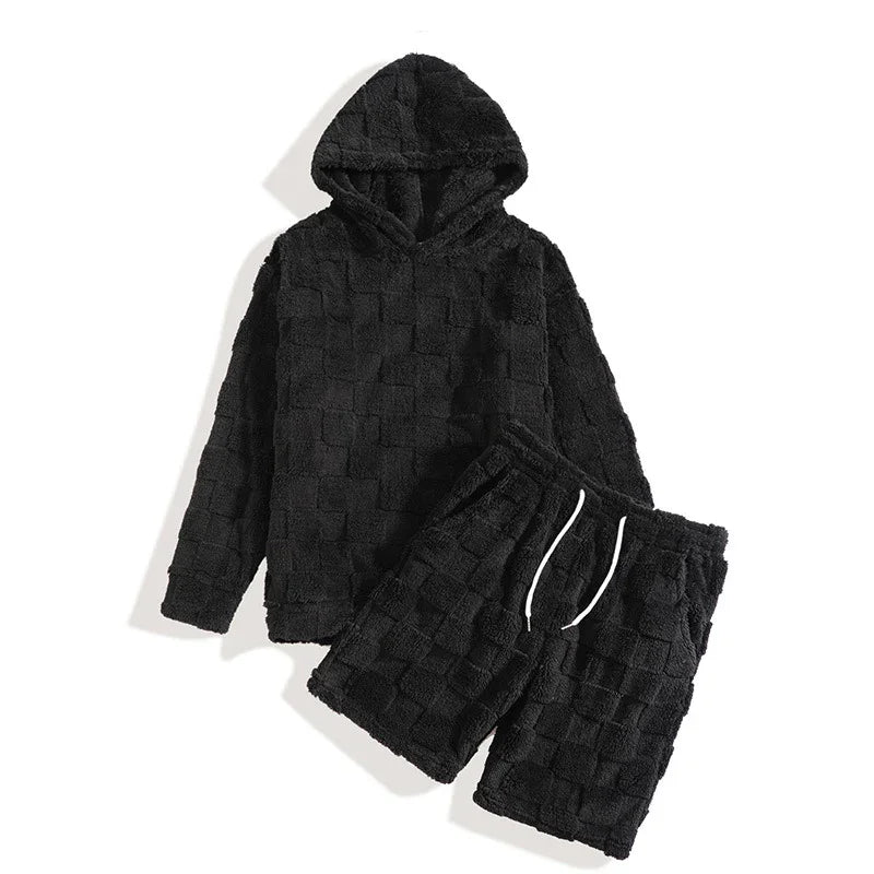 Black textured hoodie and shorts set, soft plush material, relaxed fit streetwear