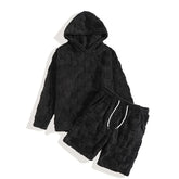 Black textured hoodie and shorts set, soft plush material, relaxed fit streetwear