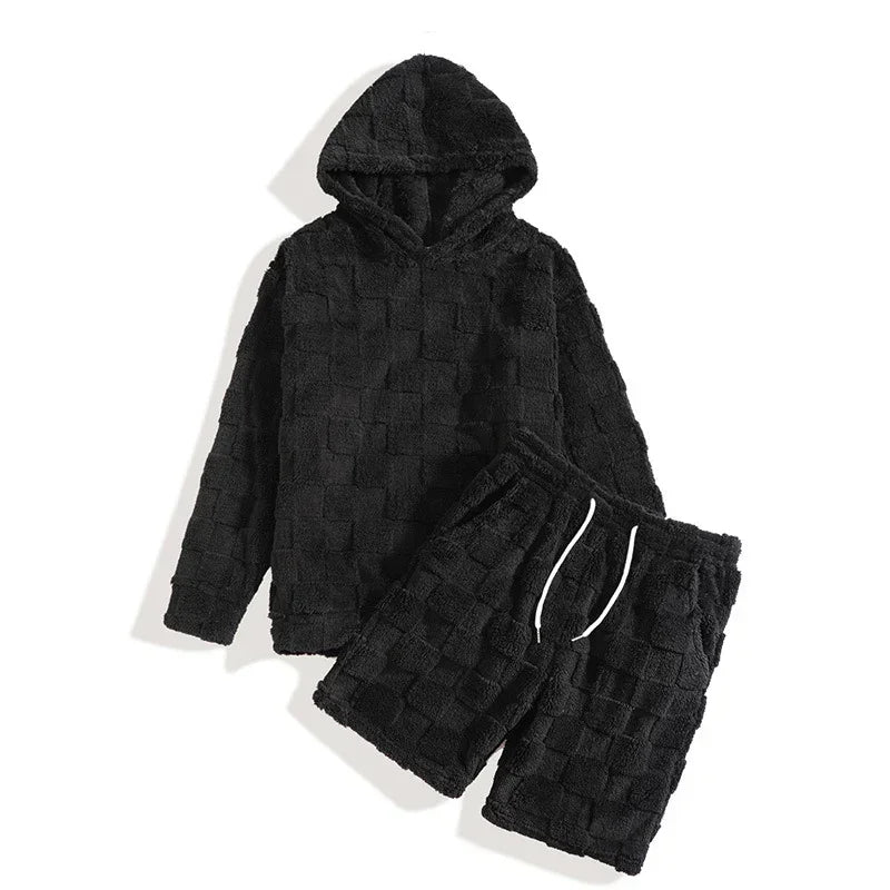 Black textured hoodie and shorts set, soft plush material, relaxed fit streetwear