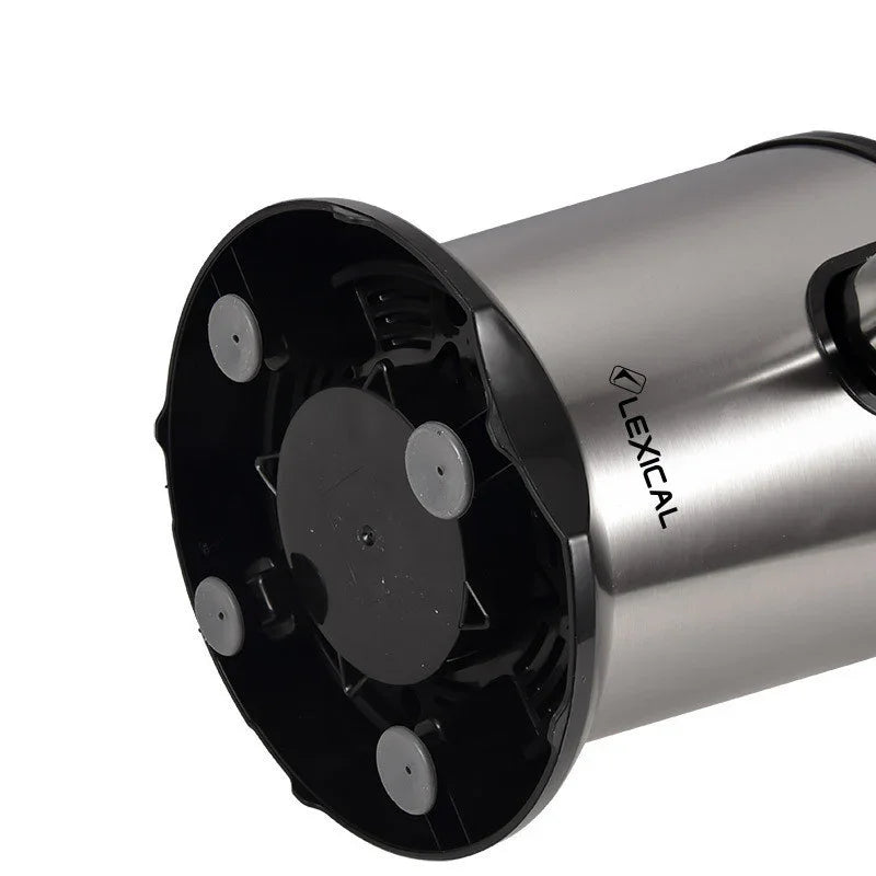 Stainless steel cylindrical appliance with black plastic non-slip base and suction cups