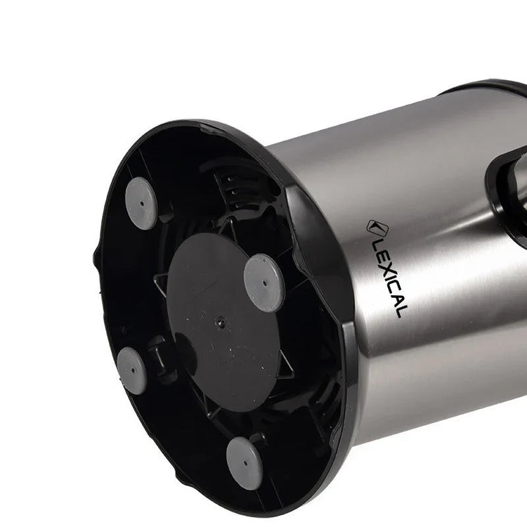Stainless steel cylindrical appliance with black plastic non-slip base and suction cups