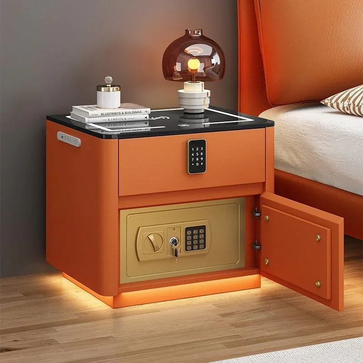 Modern orange nightstand with digital lock, black glass top, and built-in gold safe.