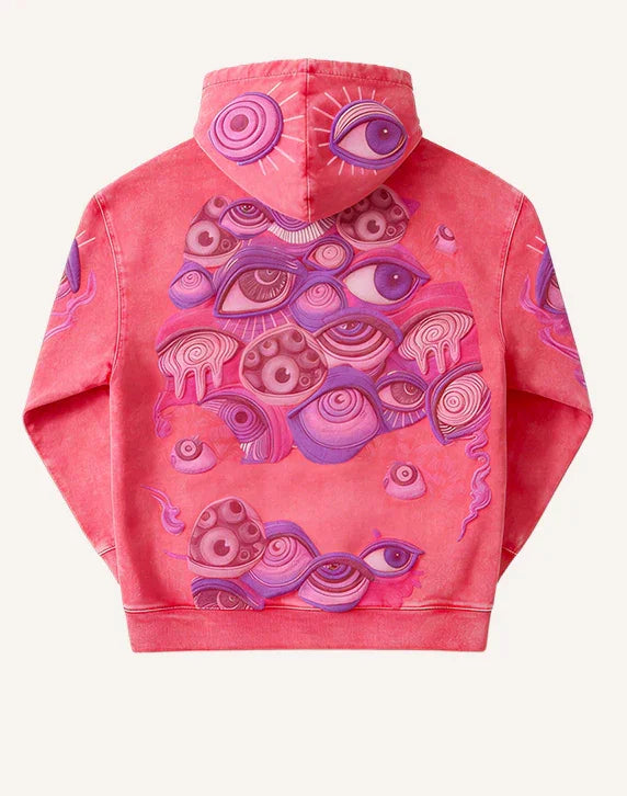 Pink streetwear hoodie with colorful surreal eye graphic print, relaxed fit cotton