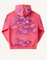 Pink streetwear hoodie with colorful surreal eye graphic print, relaxed fit cotton