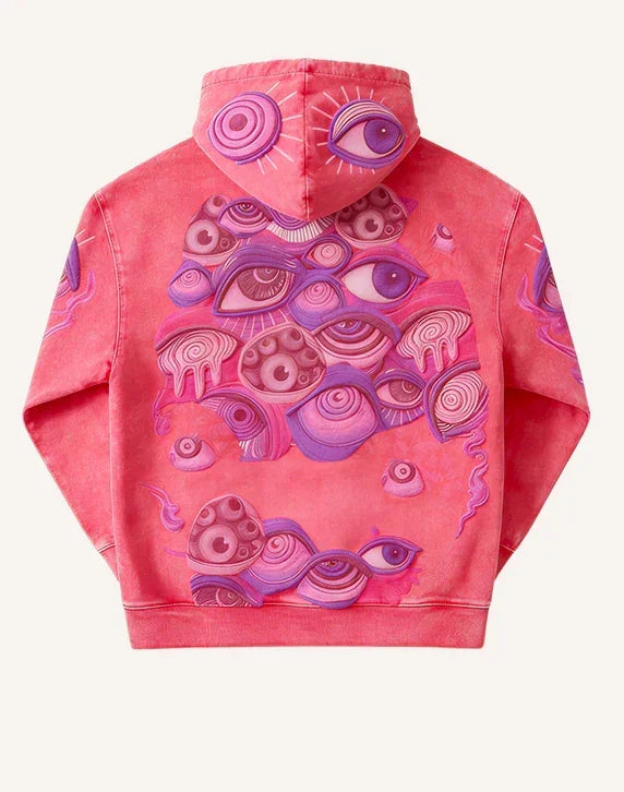 Pink streetwear hoodie with colorful surreal eye graphic print, relaxed fit cotton