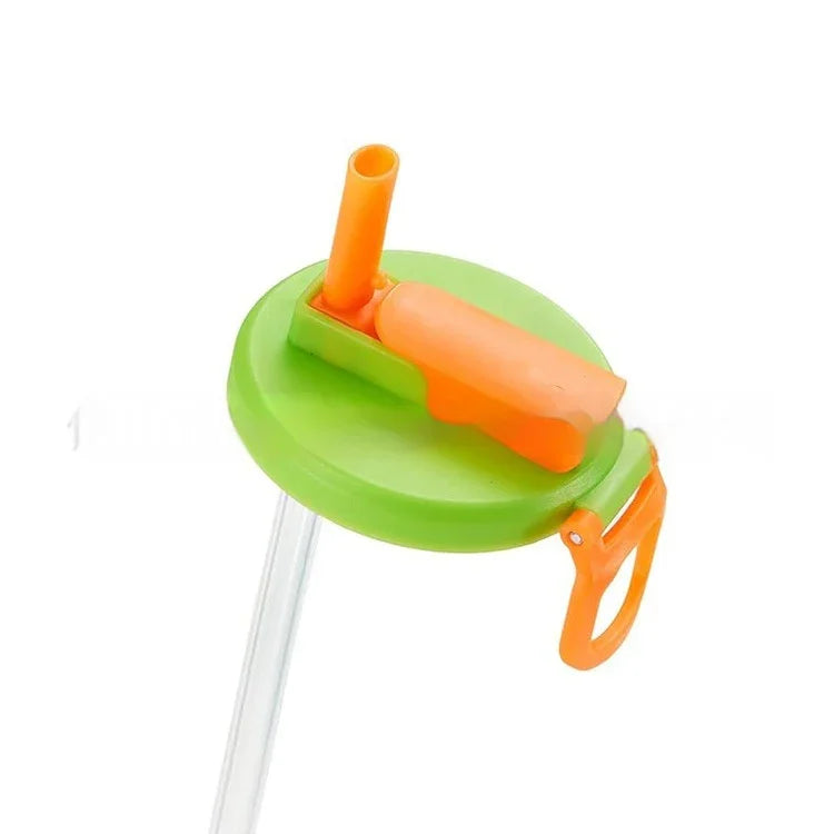 Green and orange plastic bottle lid with attached straw and handle