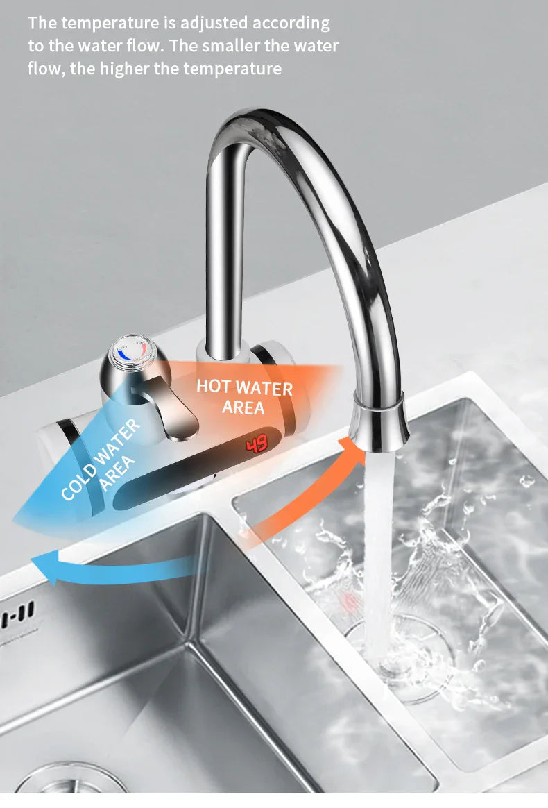 Modern stainless steel kitchen faucet with digital temperature control and split hot-cold water areas