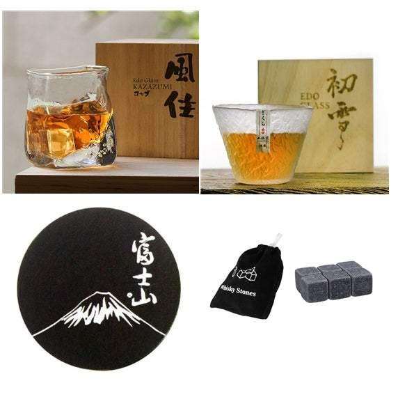 Japanese whiskey glass set with unique textured glass, illustrated coaster, and reusable whiskey stones.