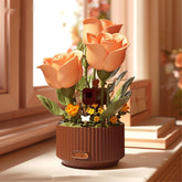Artificial peach-orange rose flowers in a brown ribbed planter, modern décor style