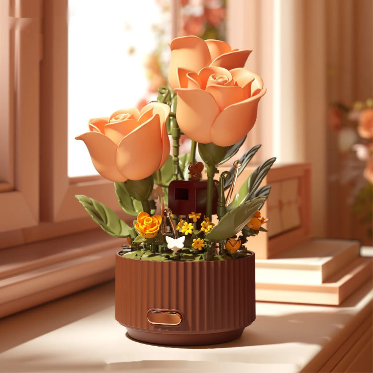 Artificial peach-orange rose flowers in a brown ribbed planter, modern décor style