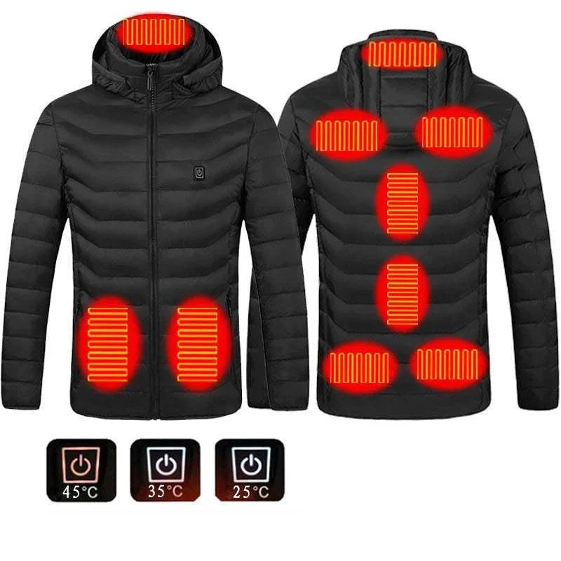 Black heated puffer jacket with hood, visible heating zones, insulated material, slim fit.