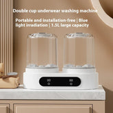 Double cup portable underwear washing machine, white, with digital display on marble countertop