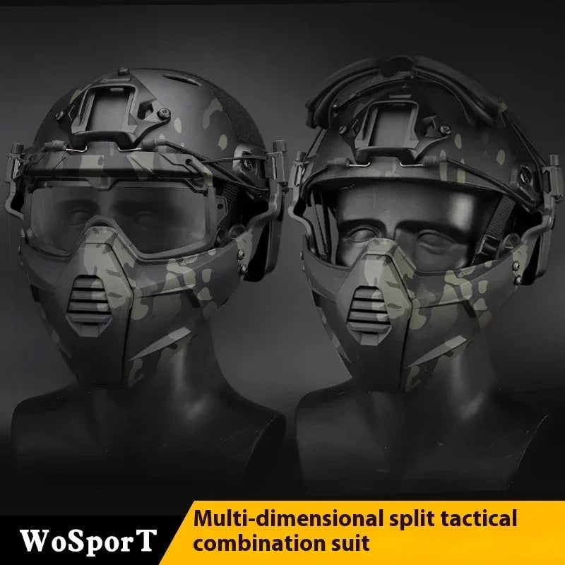 Black and camouflage tactical helmet with detachable mask and visor, futuristic streetwear style.