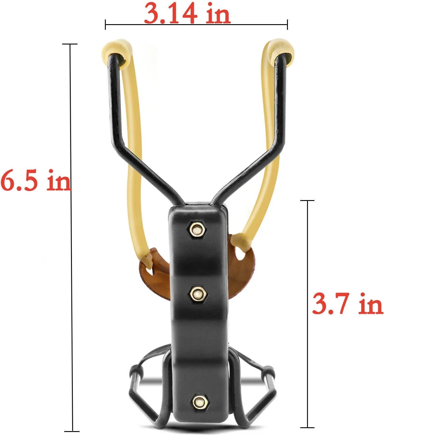 Black metal slingshot with yellow rubber bands, ergonomic grip, and measurement dimensions shown