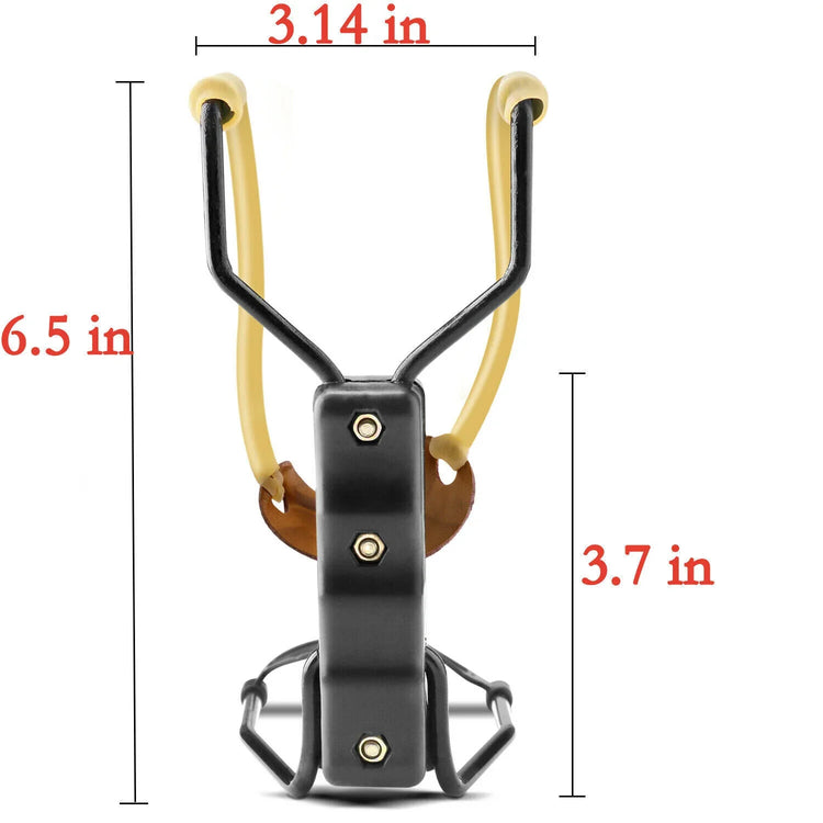 Black metal slingshot with yellow rubber bands, ergonomic grip, and measurement dimensions shown