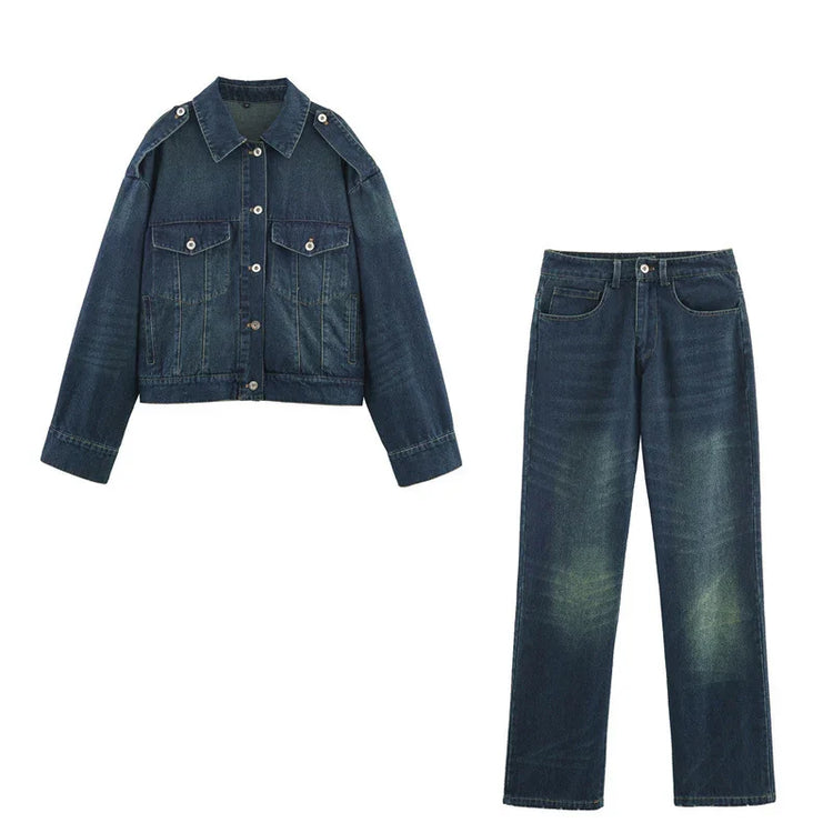 Dark blue denim jacket and jeans set with button-up front, relaxed fit, and faded details.