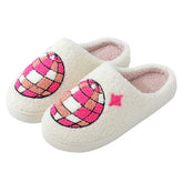 White fuzzy slippers with pink and orange globe embroidery, cozy slip-on fit