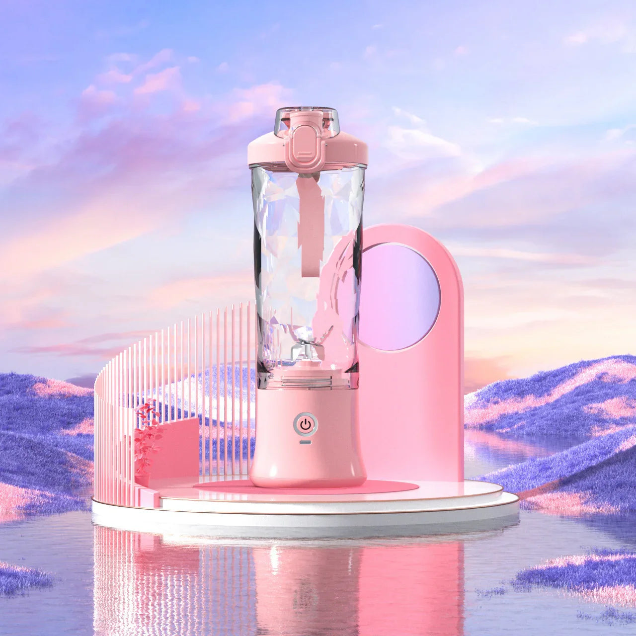 Pink portable blender with clear cup and power button, set against pastel landscape background