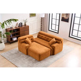 Modern orange fabric sofa set with tufted backrest and matching cushions on a gray rug in a bright living room.
