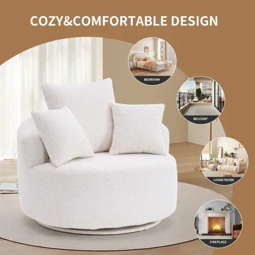 Modern round swivel chair in white boucle fabric with plush cushions, cozy fit, indoor setting.